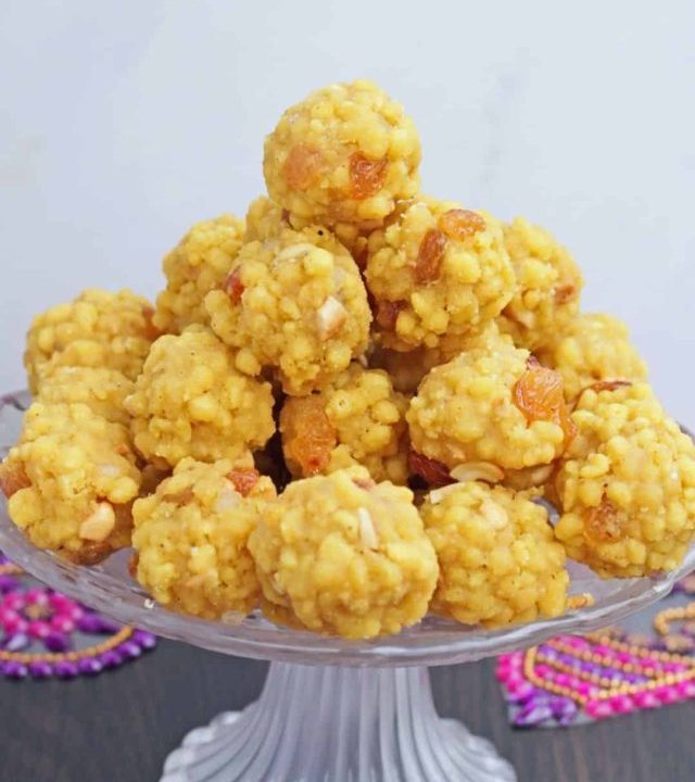 boondi ladoo stacked in a plate