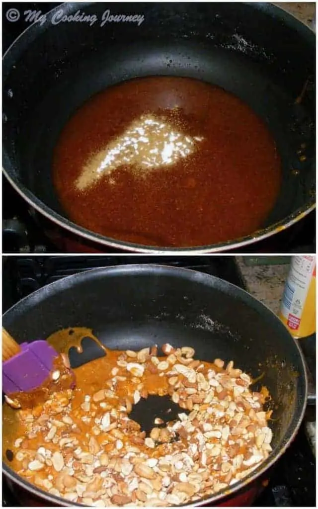 Adding the nuts in caramelize sugar and salt and mixing it