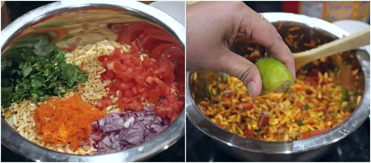 adding vegetables to the puffed rice and squeezing lime juice