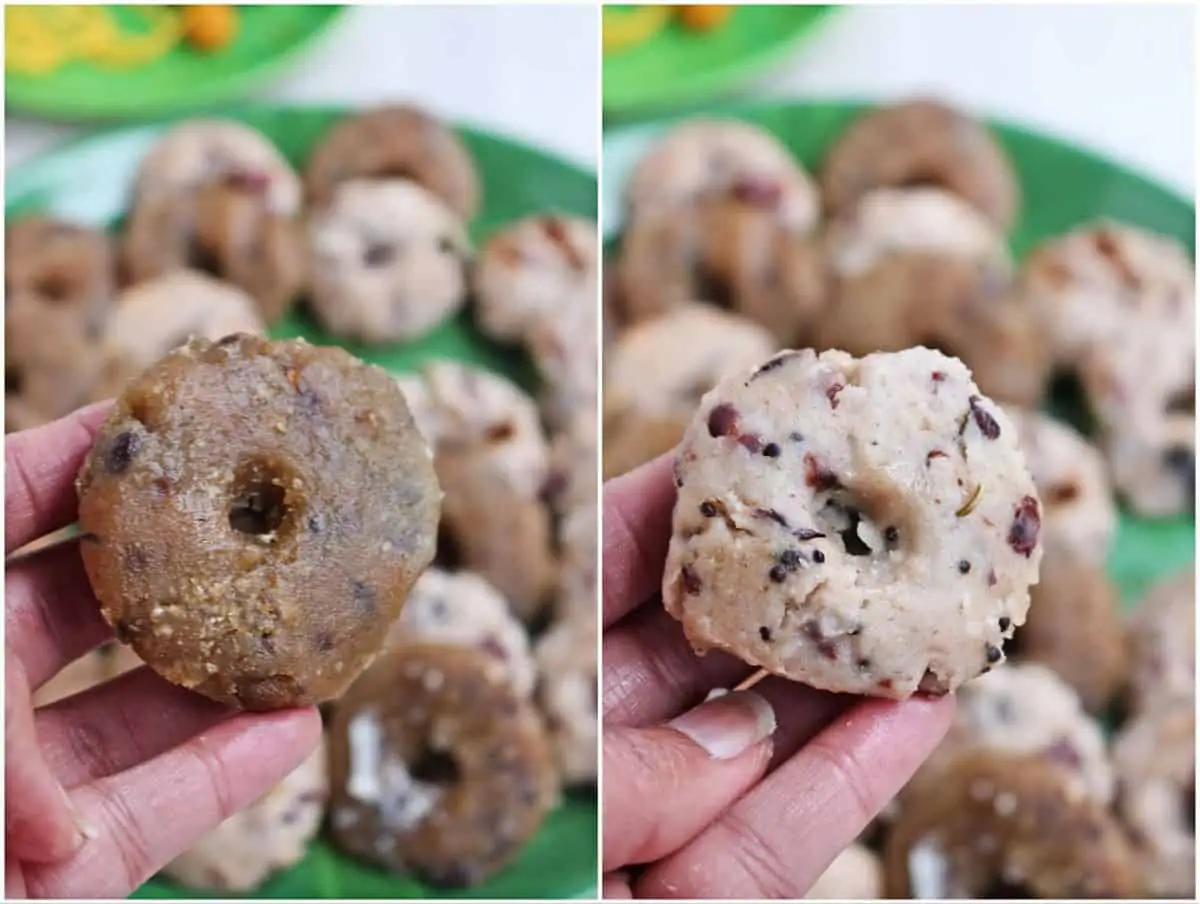 collage of one sweet adai and one salt adai in hand