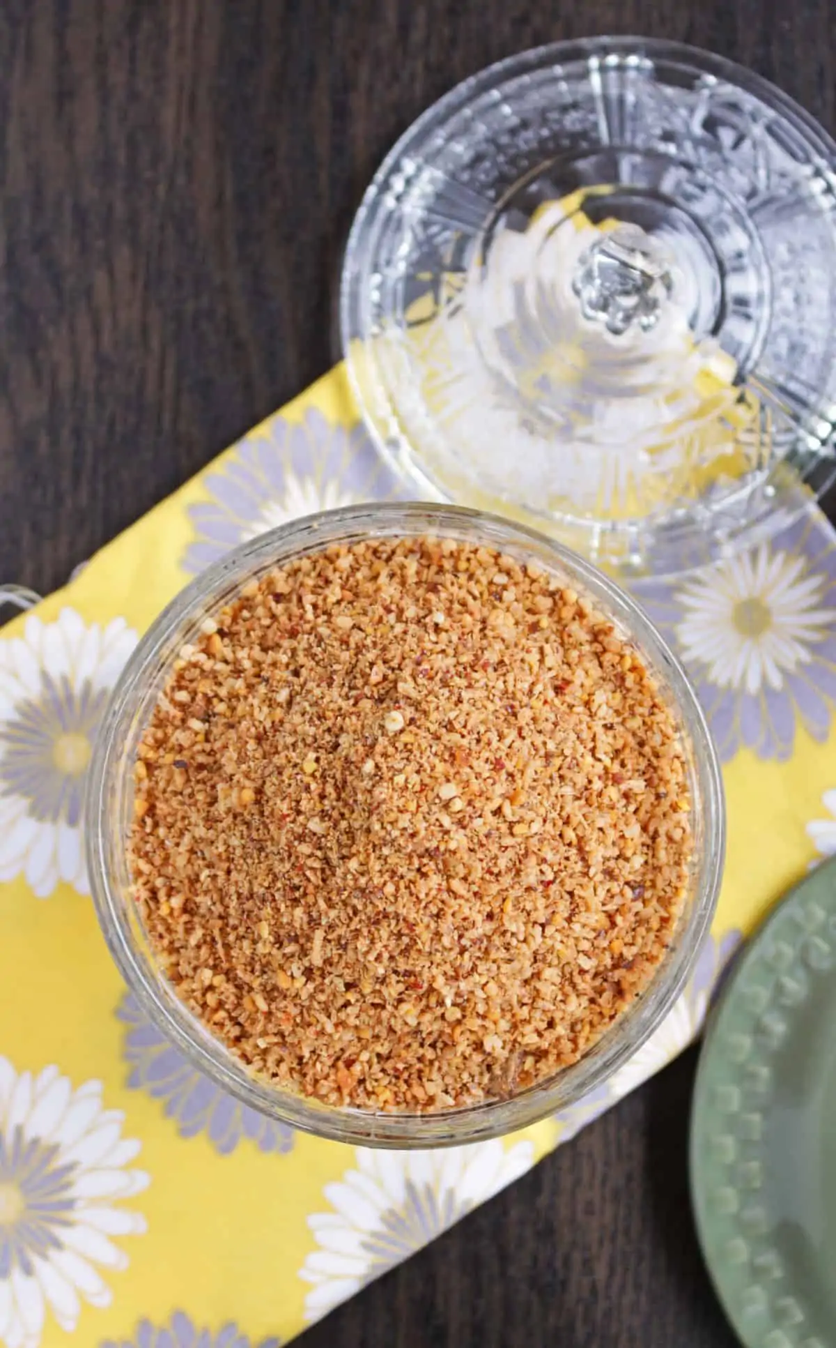 top view of thengai podi in a glass jar. 