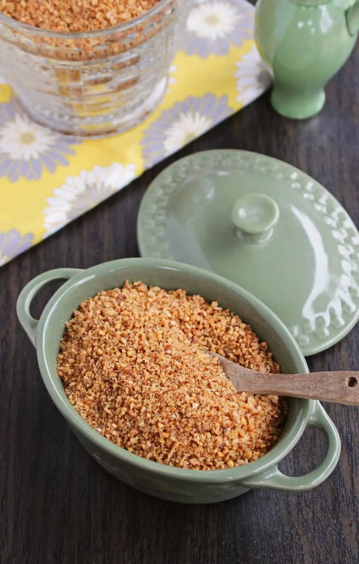 thengai podi with a wooden spoon