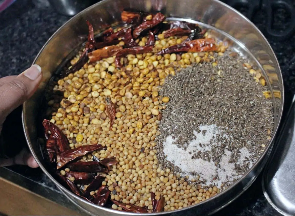 roasted lentils and red chilies in a bowl