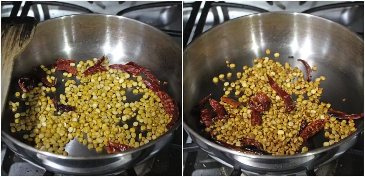 roasting chana dal with red chilies