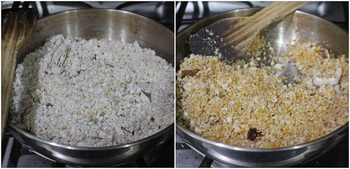 roasting coconut in a pan