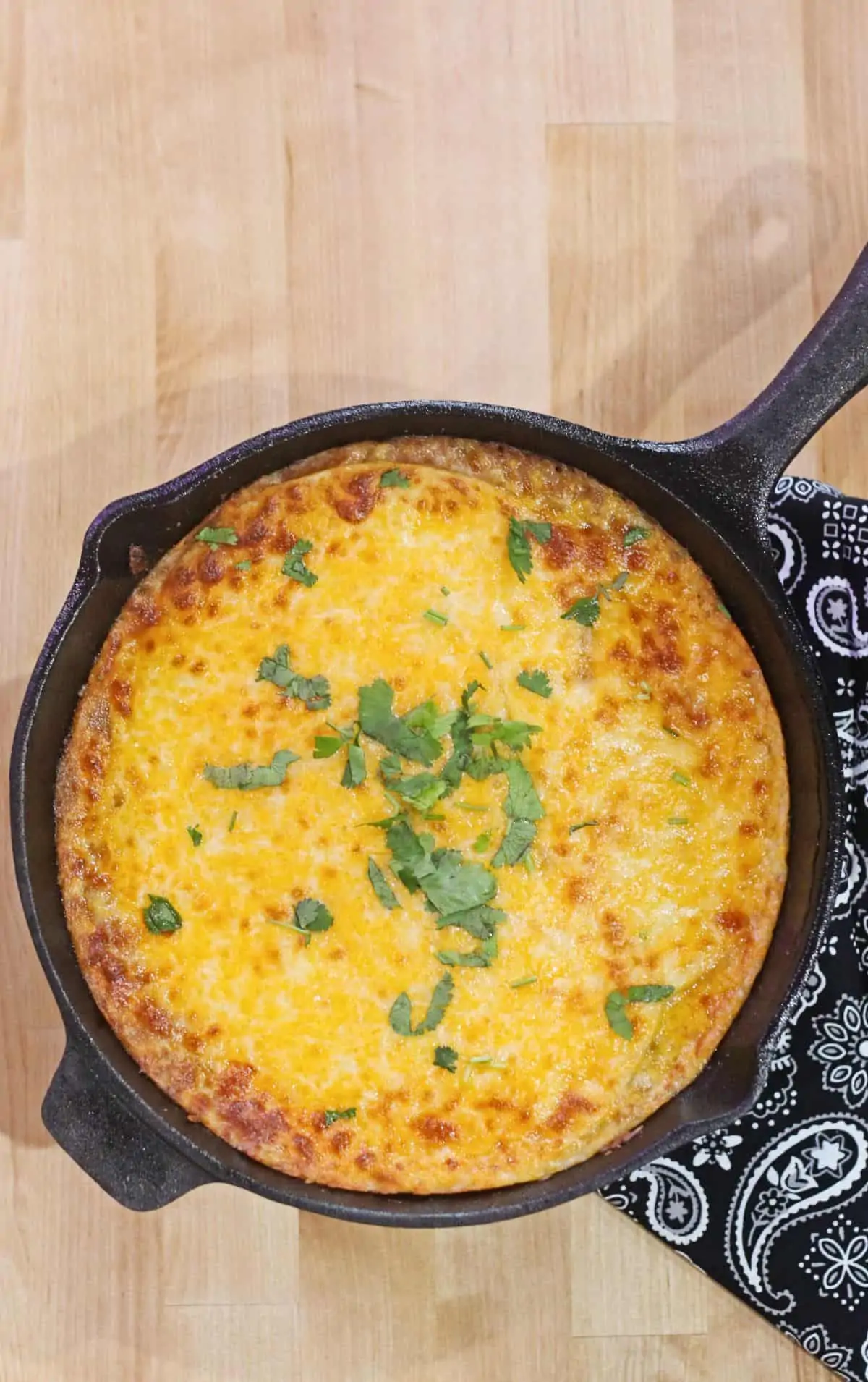 tortilla pie casserole in a cast iron skillet