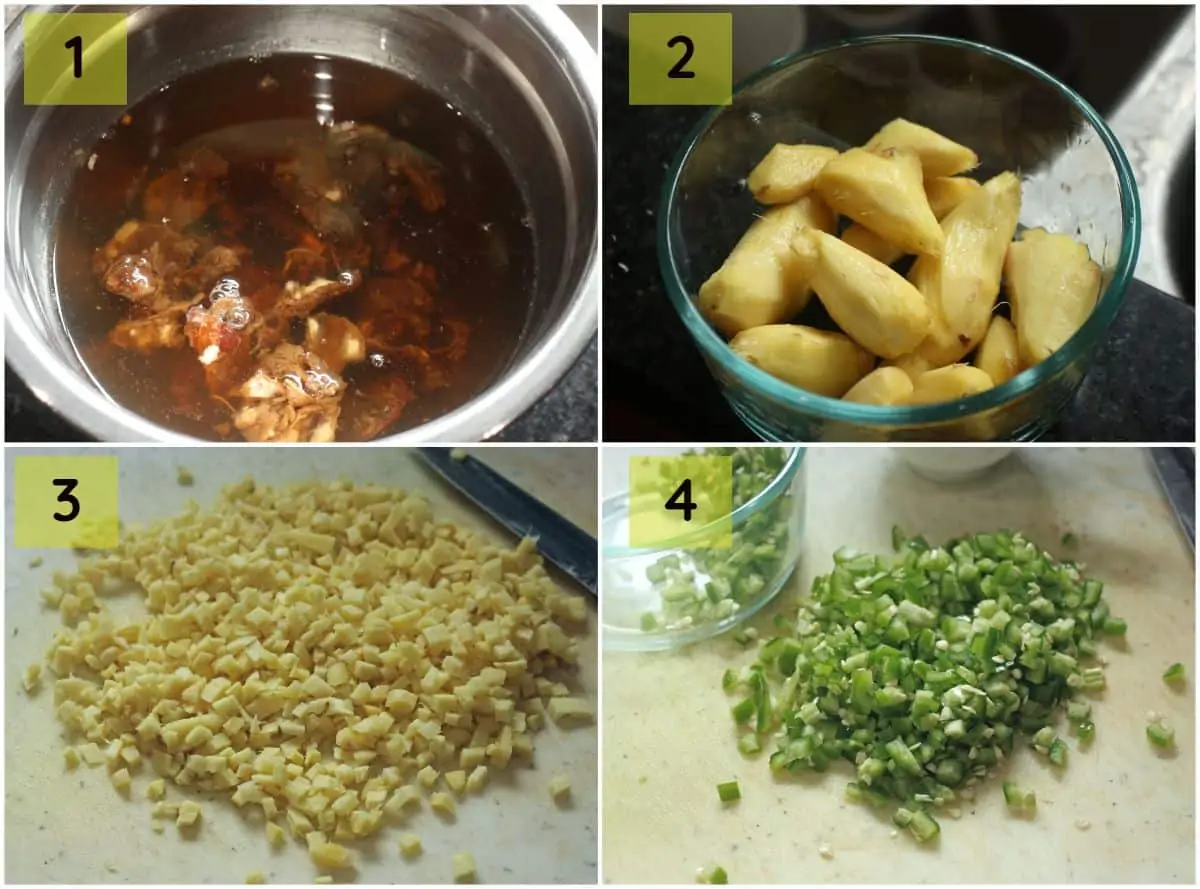 soaking tamarind in water, peeled and chopped ginger and green chilies