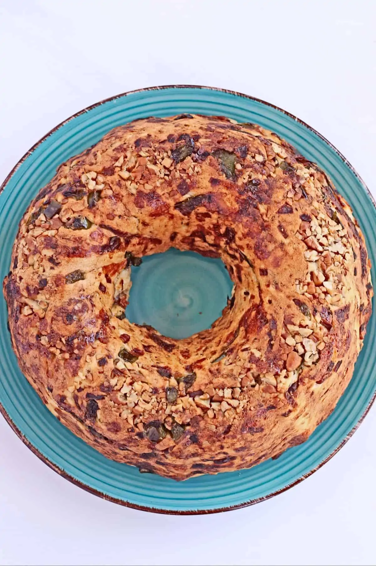 kugelhopf bread with vegetables and nuts baked in a circle