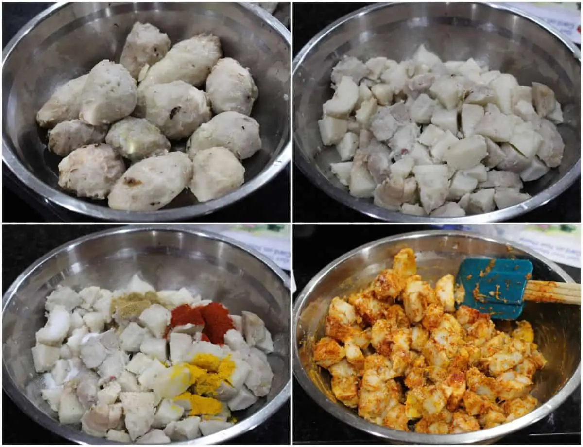 process shot to cook, peel and chop taro root