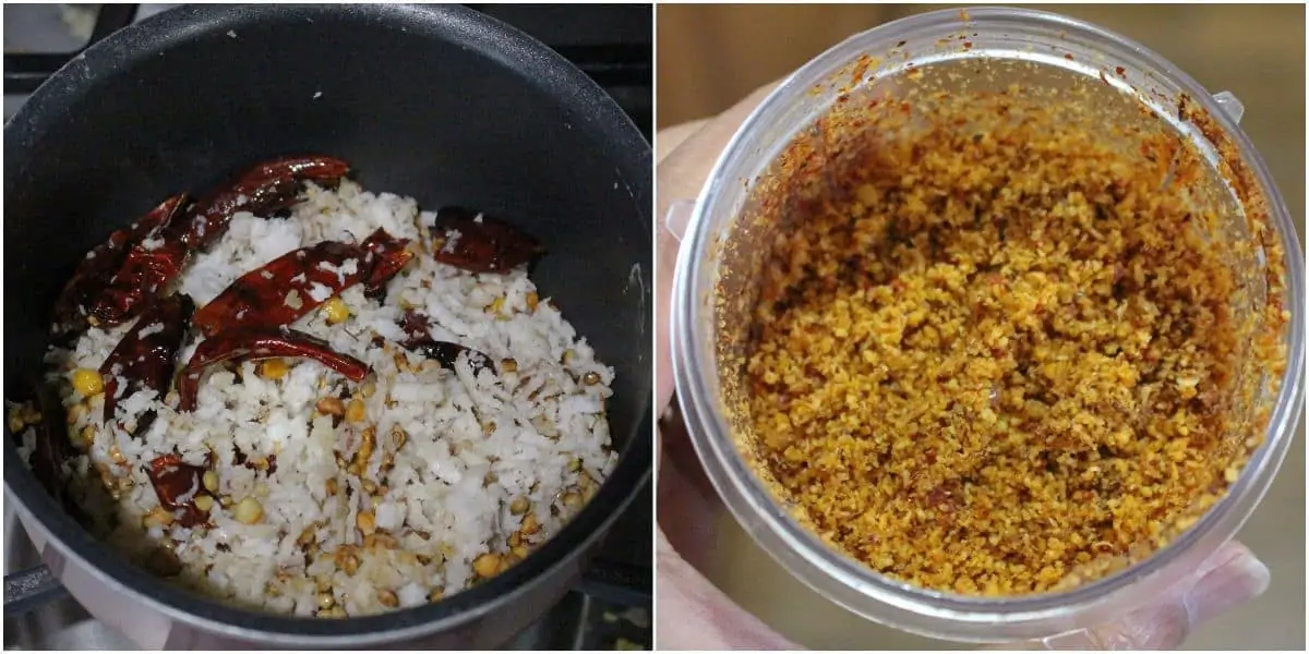 Lentil, Red Chilies and Coconut fried and ground into powder.