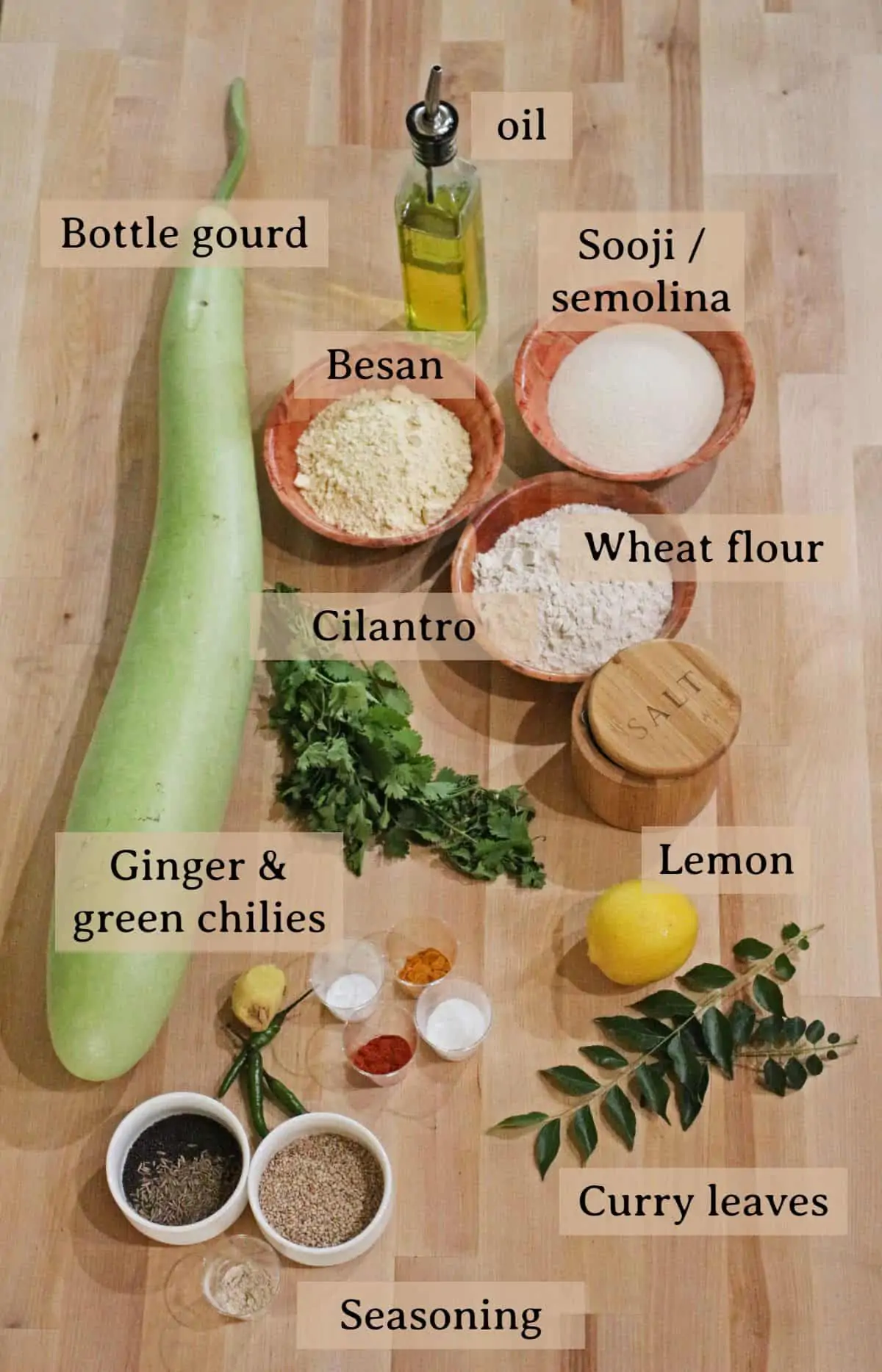 ingredients labeled and laid out to make dudhi muthiya