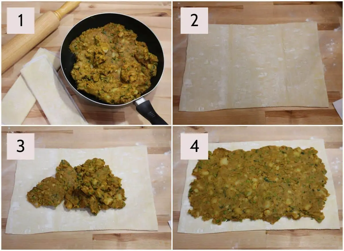 layering potato filling in puff pastry sheet