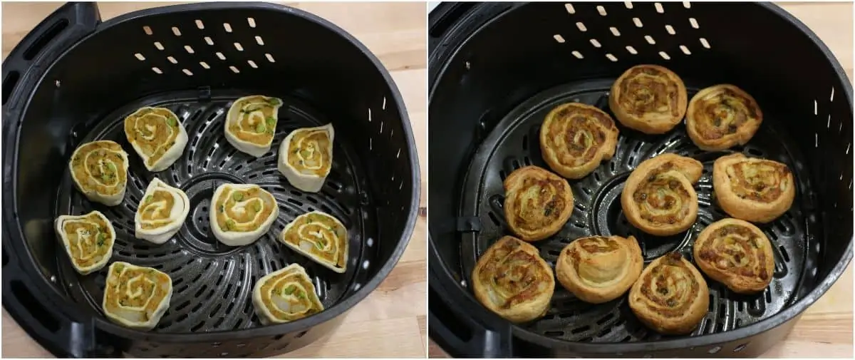 air frying samosa pinwheels to golden brown