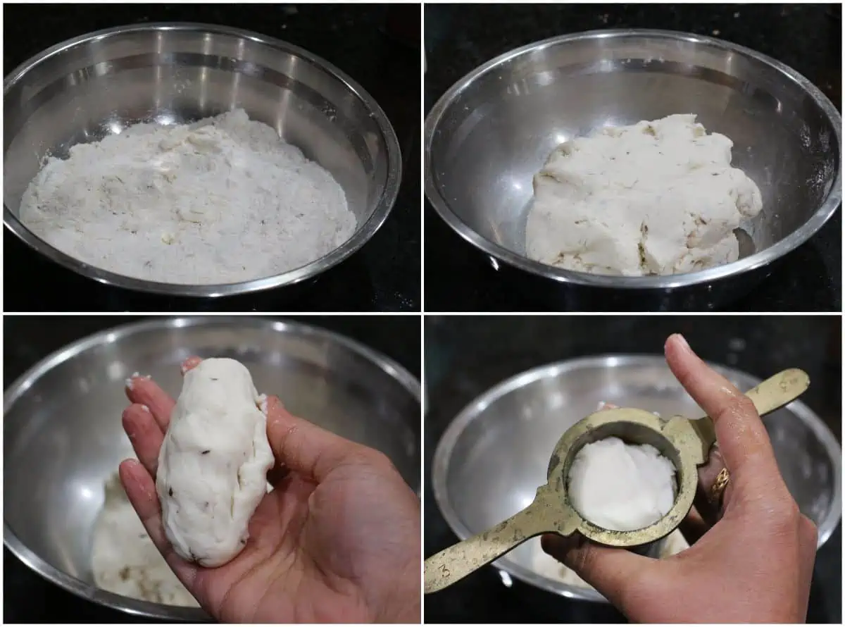 process shot to show how to press murukku in murukku maker