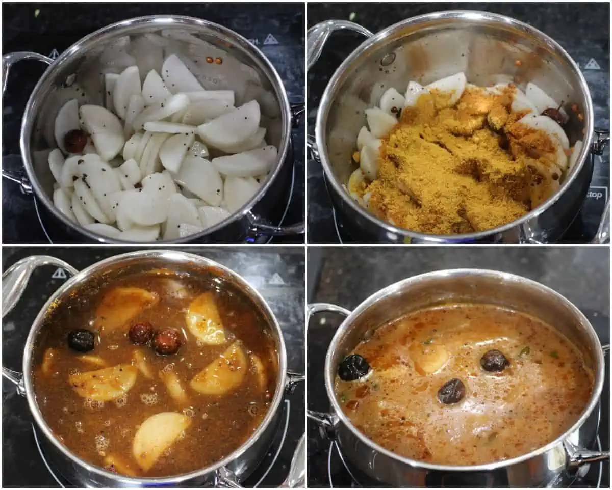 Process shot to make vatha kuzhambu with radish.