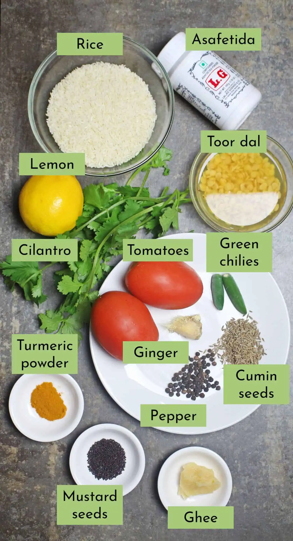 Ingredients needed to make one pot rasam rice labelled.