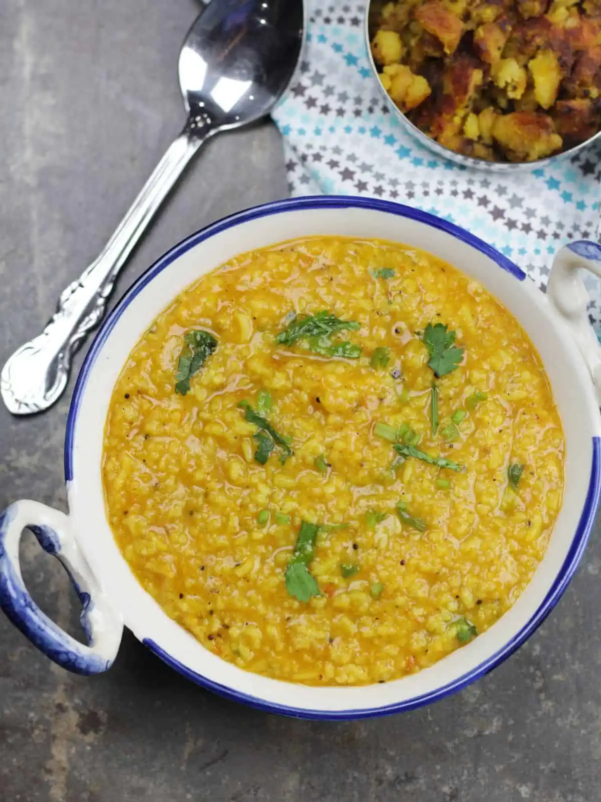 top view of rasam sadam in a bowl. 