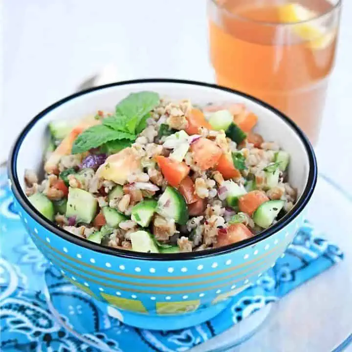 Barley Cucumber Salad in a blue bowl - Featured Image