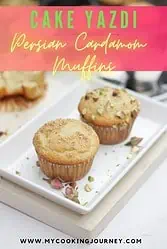 Cake Yazdi muffins with overlaying text.