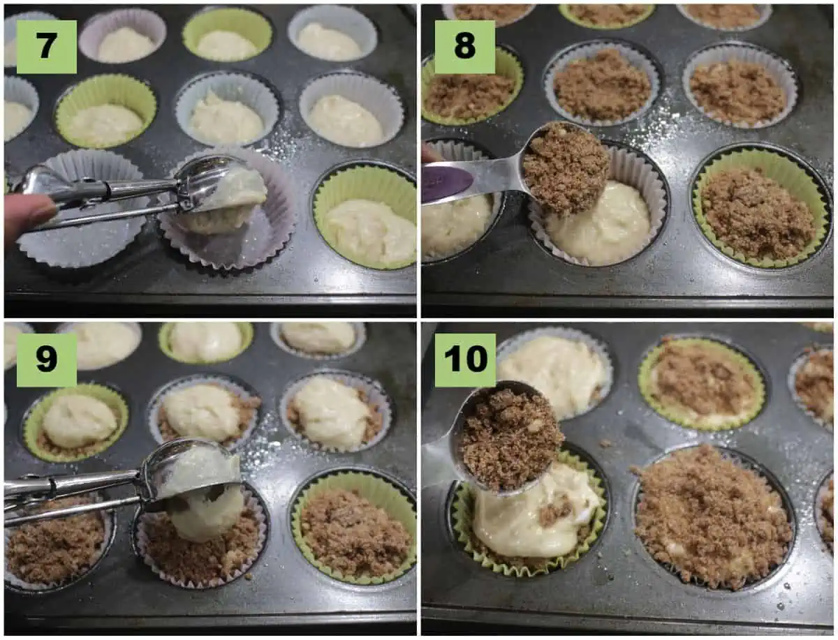 process shot to show how to layer the batter and cinnamon sugar for cinnamon roll muffins.