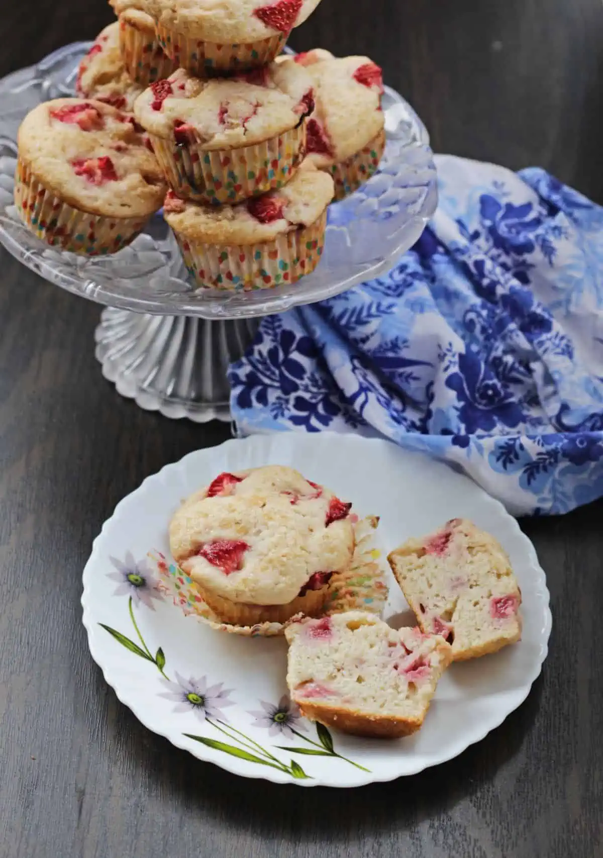 Muffins on a plate and a Stack of muffins in the background.