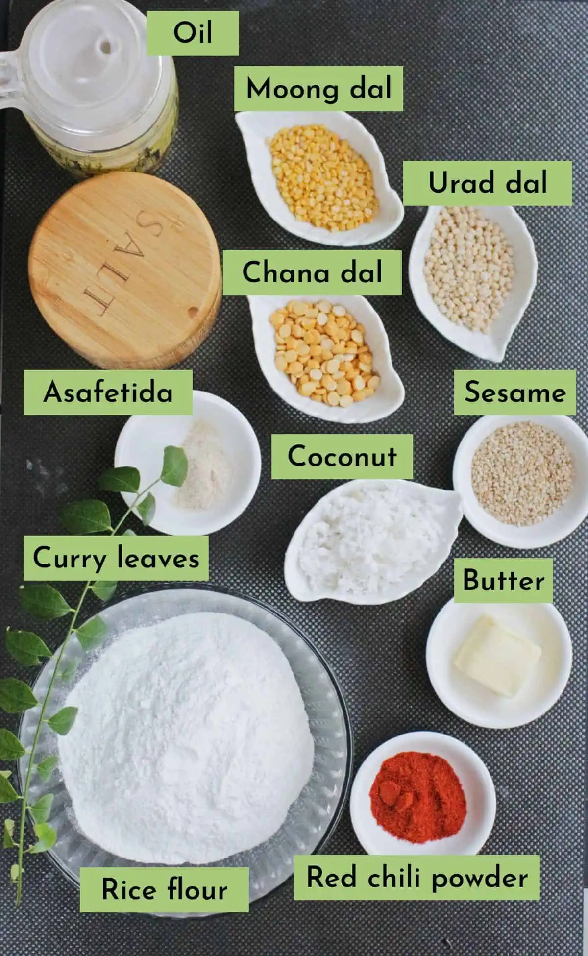 Ingredients needed to make button thattai.