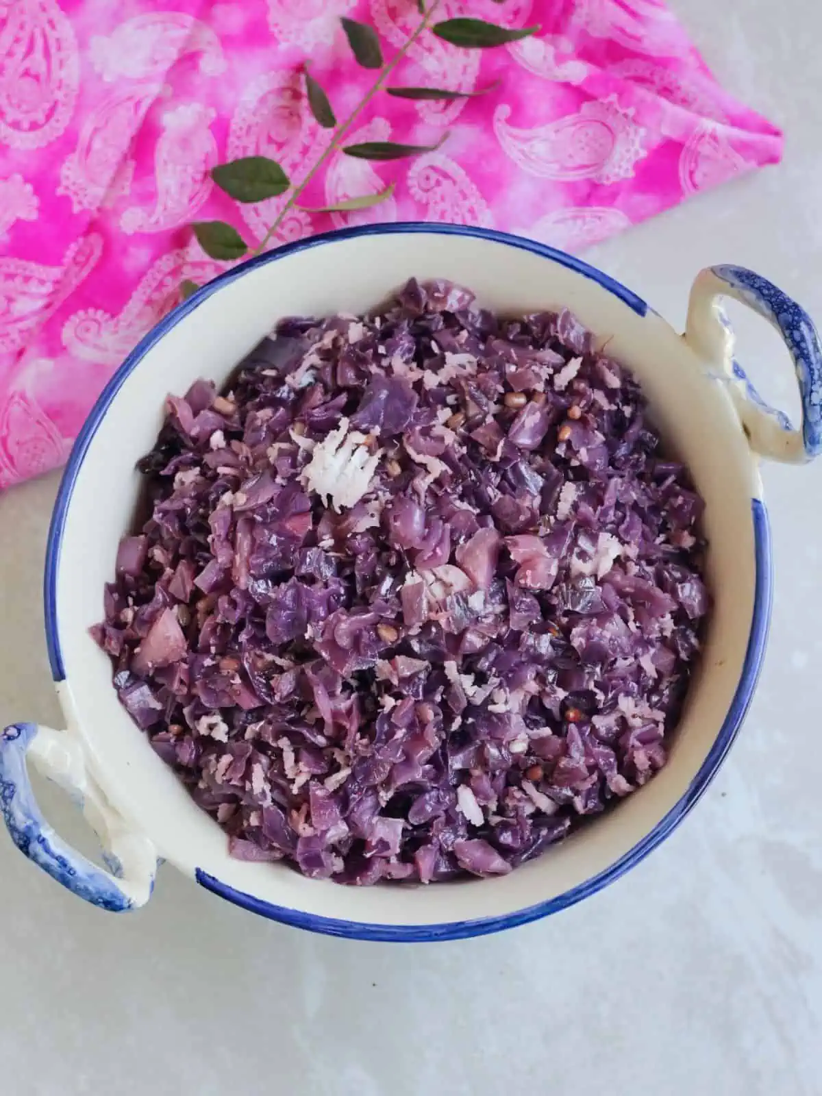 Cabbage poriyal in a bowl. 