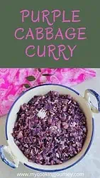 Purple cabbage curry with overlaying text.