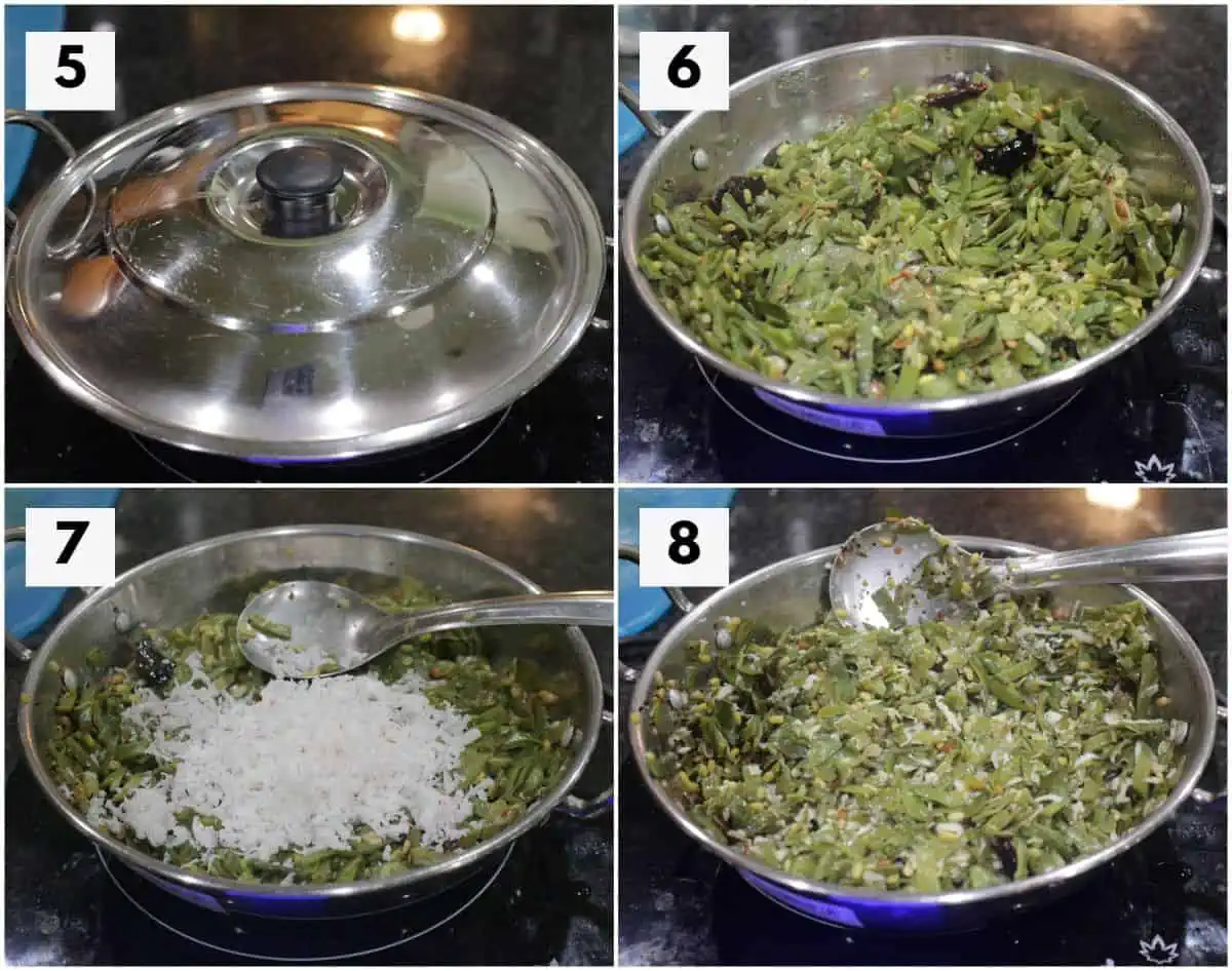 Process shot to make avarakkai poriyal with coconut.