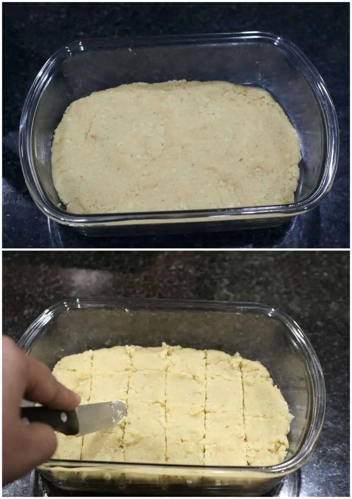 slicing burfi with a knife.