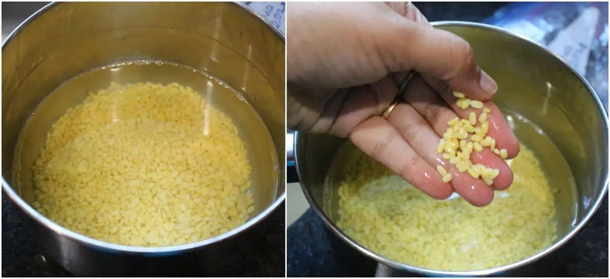 soaked moong dal for making long beans curry