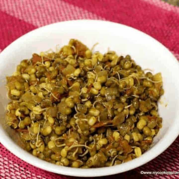 Moong Sprouts Curry in a white bowl - Feature Image