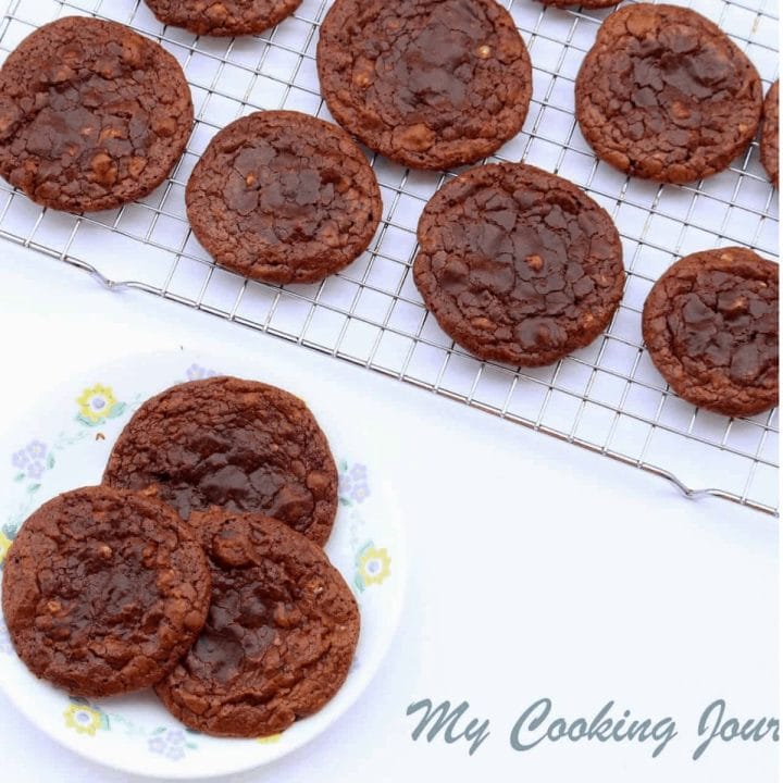Chocolate Pecan Cookies in a plate and wire rack - Feature Image