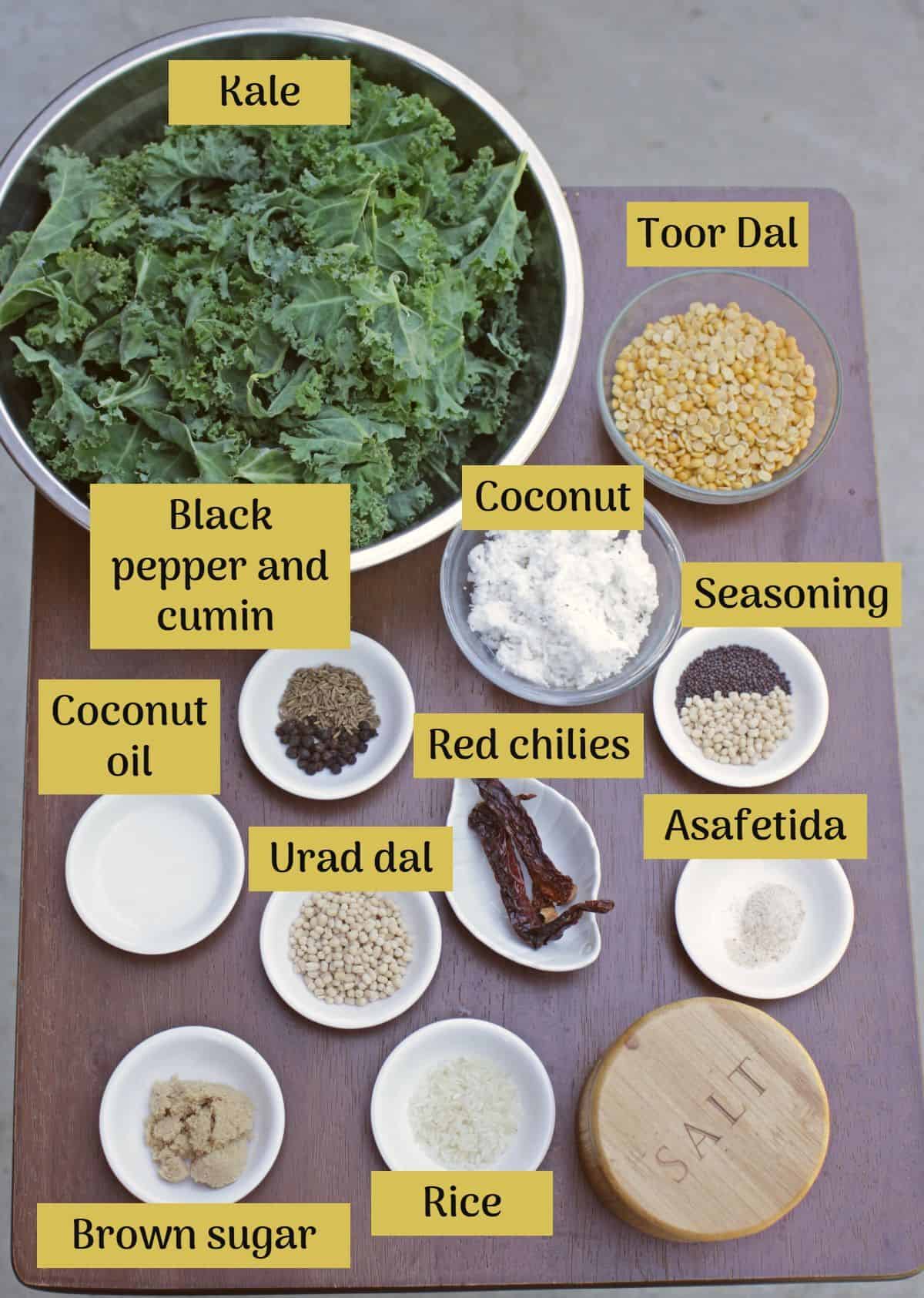 Ingredients needed to make kale poricha kuzhambu labeled.