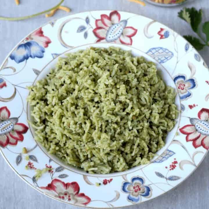 Kothamalli Sadam or Cilantro Rice in a decorative bowl - Feature Image