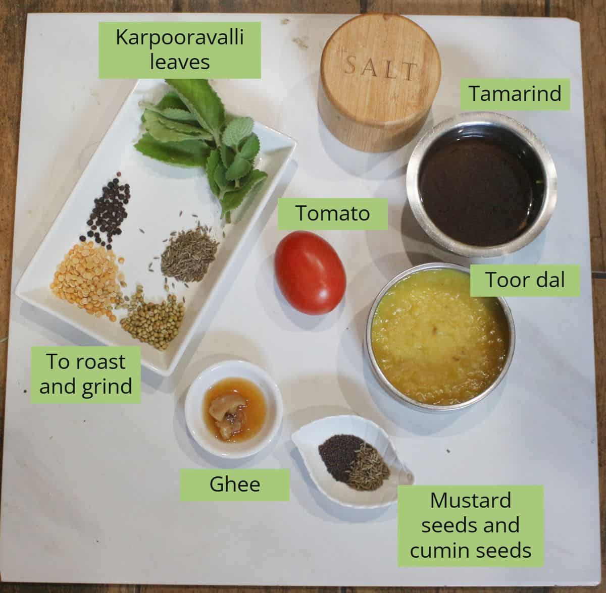 Ingredients needed to make ajwain leaves rasam.