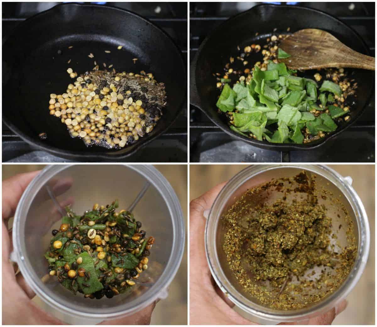 roasting and grinding ingredients to make omavalli rasam.