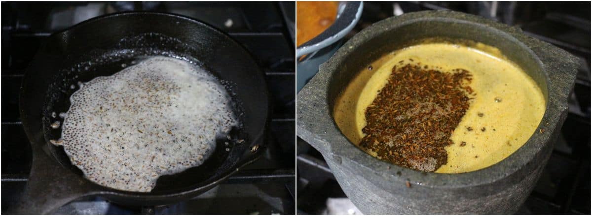 adding seasoning to rasam.